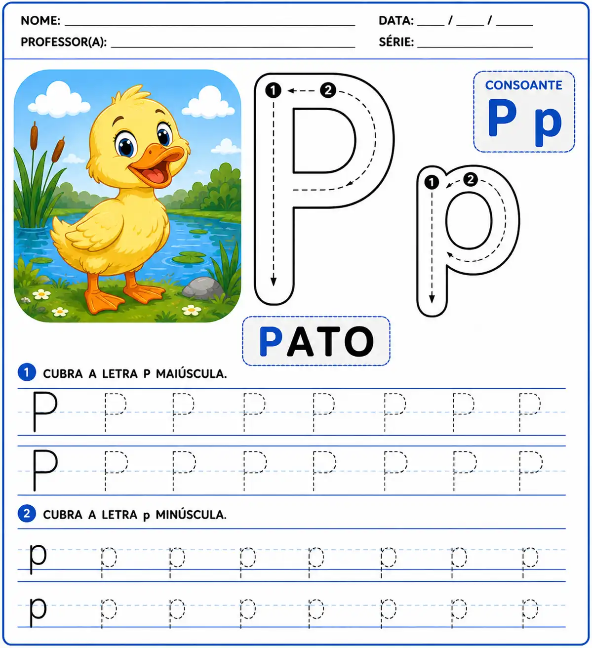 Atividade letra P pontilhada para alfabetização infantil com pato