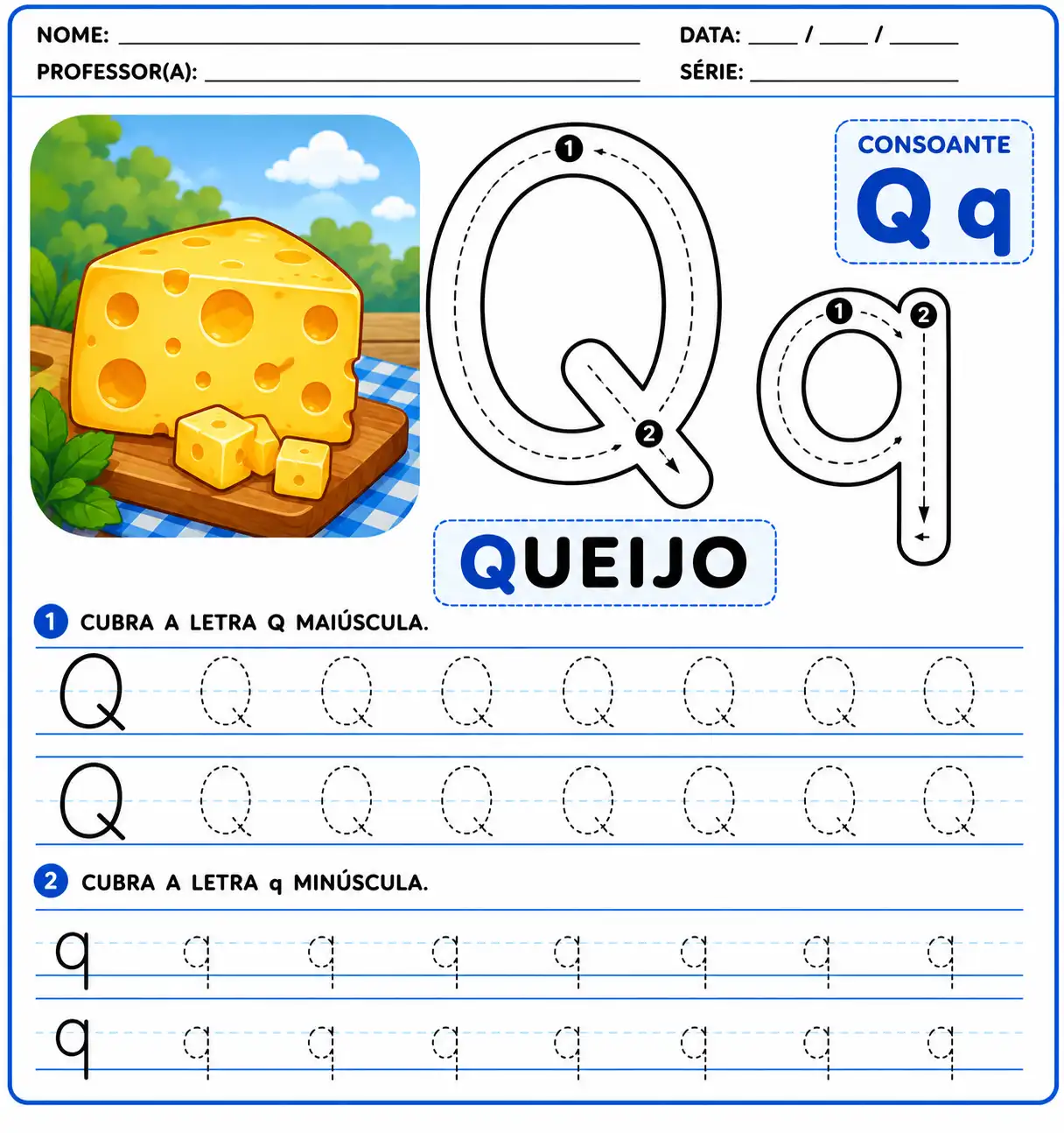 Atividade letra Q pontilhada para alfabetização infantil com queijo