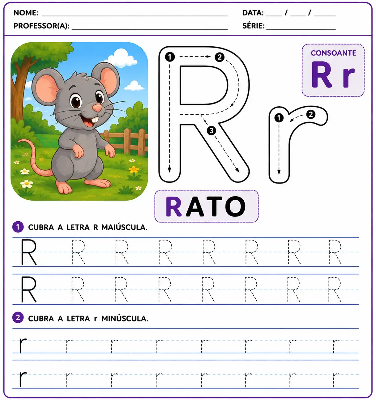Atividade da letra R-r pontilhada para alfabetização infantil, com exercício de traçado e escrita.