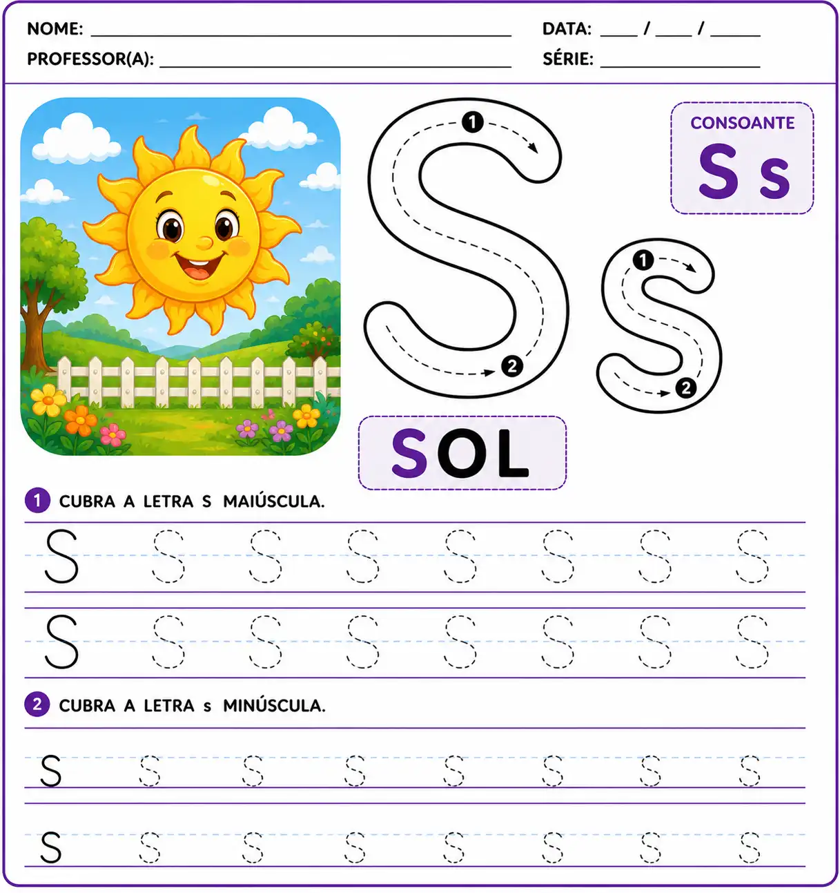Atividade da letra S-s pontilhada para Educação Infantil, com exercício de traçado e escrita.