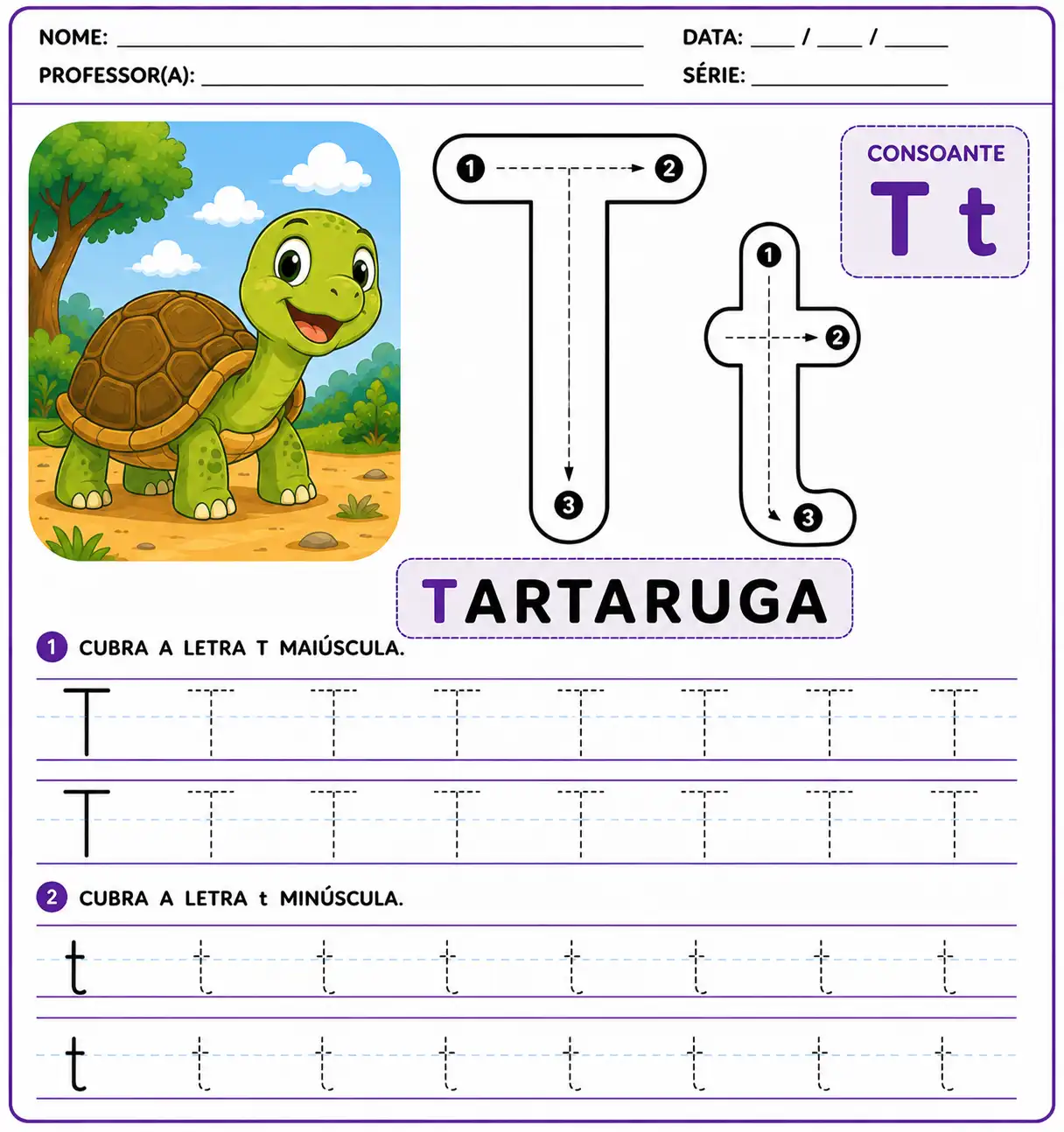 Atividade da letra T-t pontilhada para Educação Infantil, com exercício de traçado e escrita.