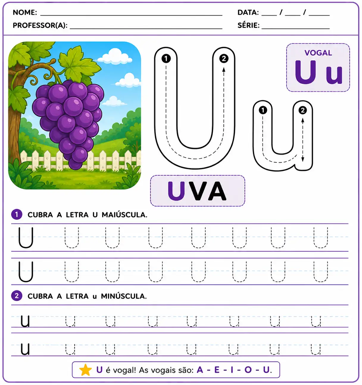 Atividade da letra U-u pontilhada para Educação Infantil, com exercício de traçado e escrita.
