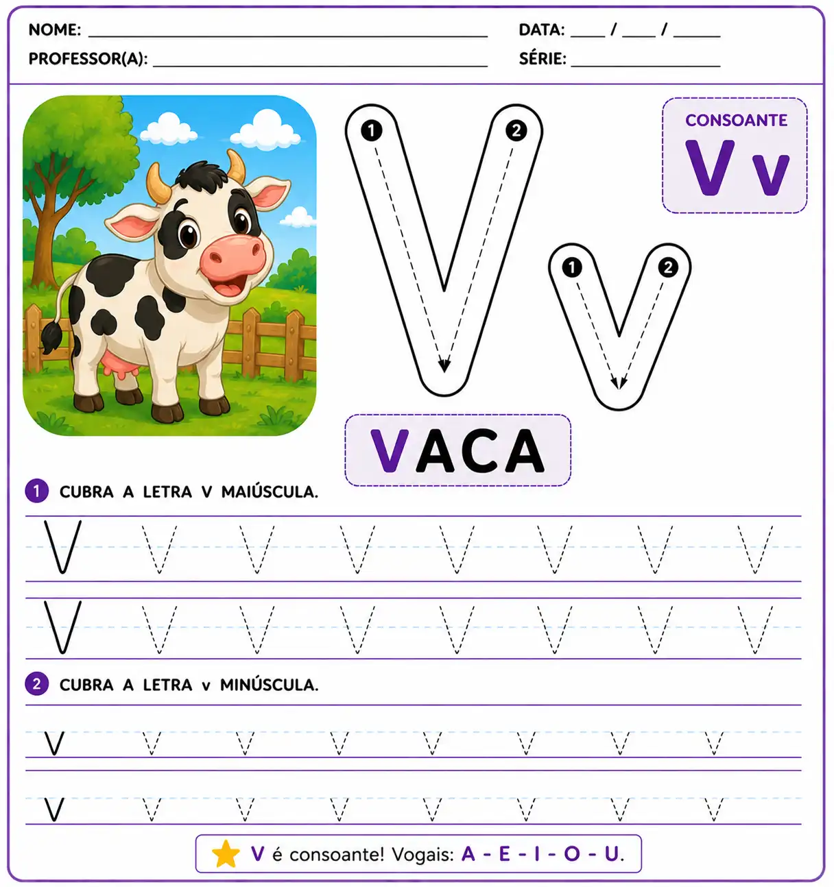 Atividade letra V pontilhada para alfabetização infantil, com letras V-v para traçar e praticar a escrita.