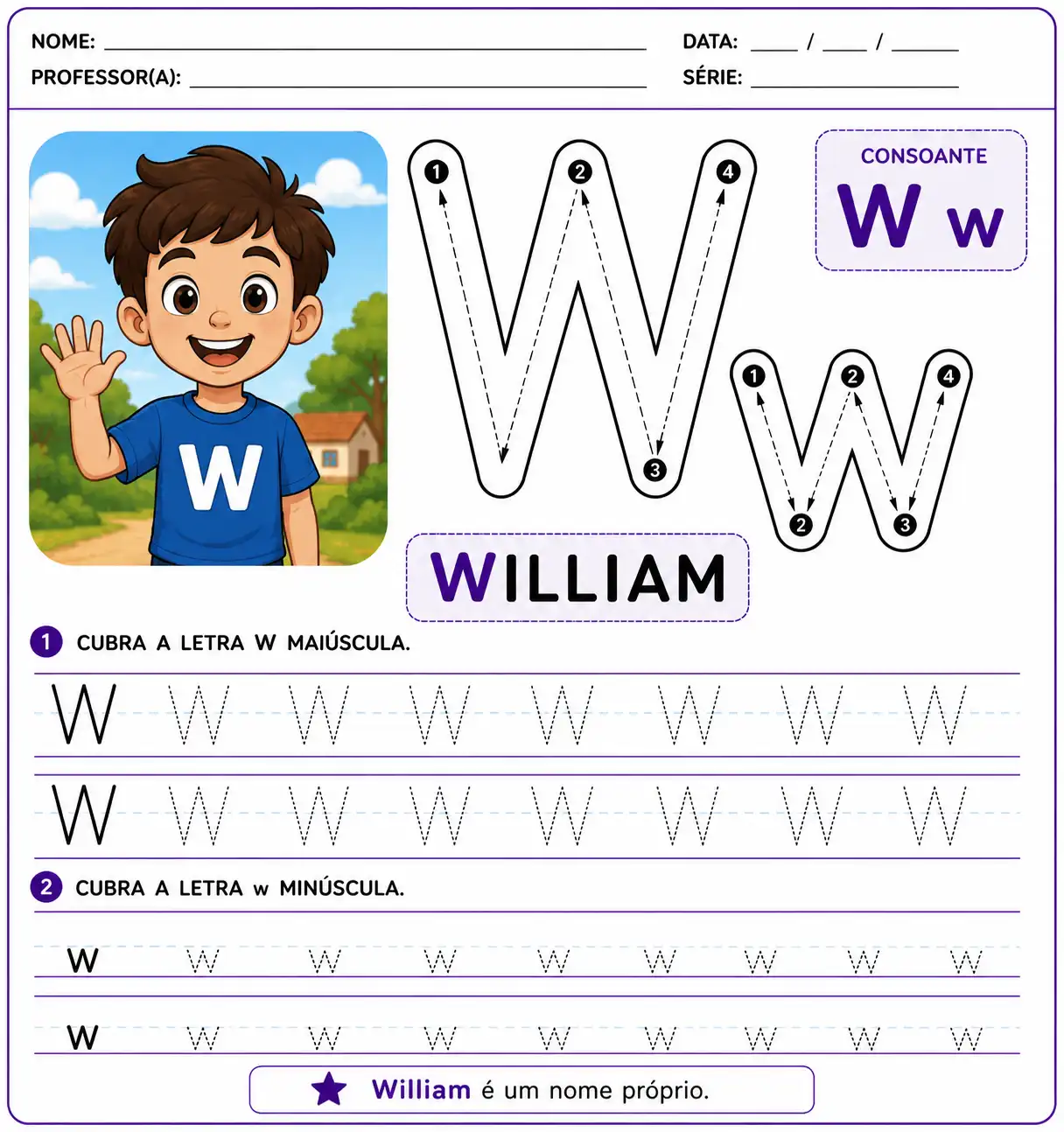 Atividade letra W-w pontilhada para Educação Infantil