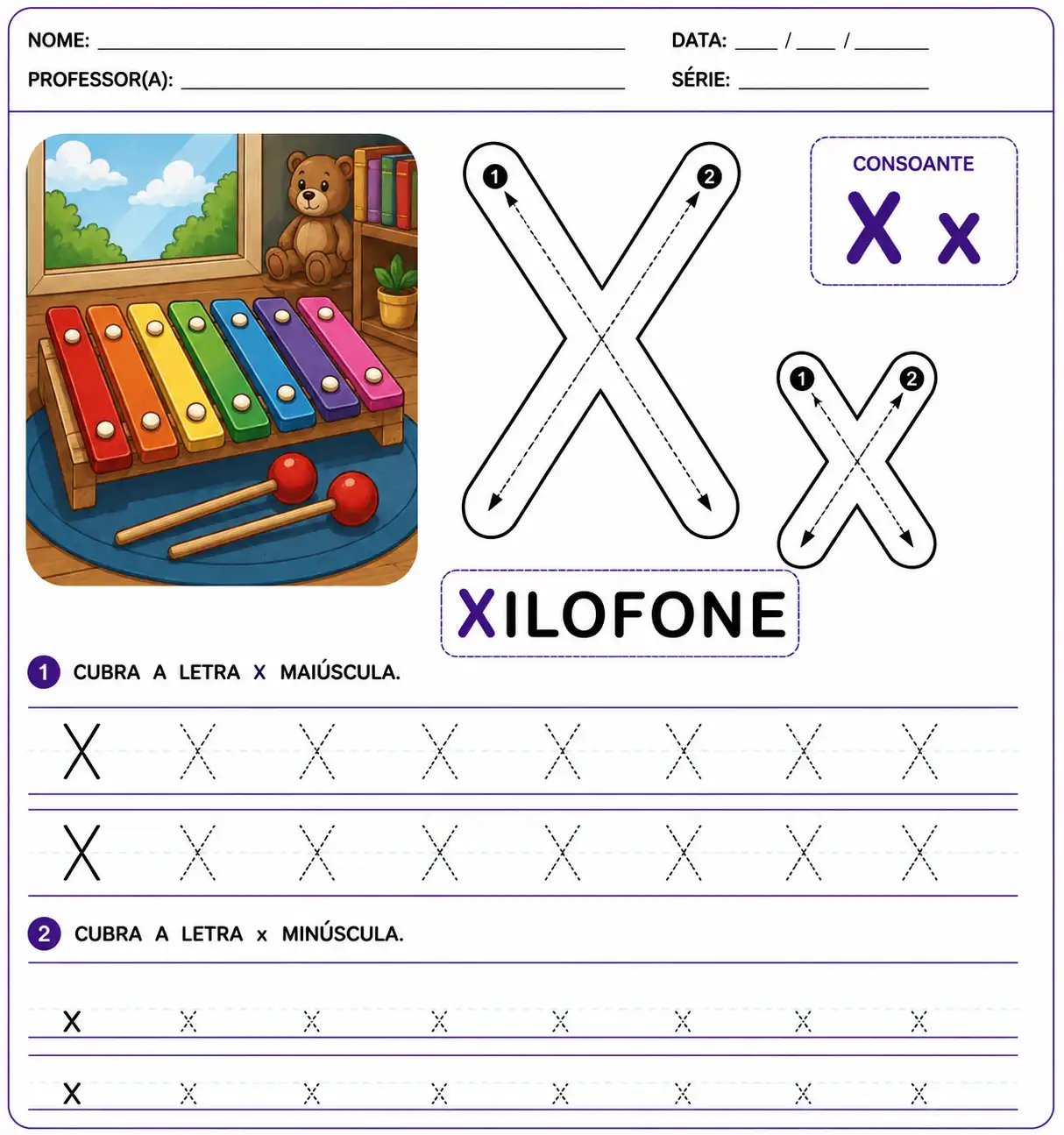Atividade letra X-x pontilhada para alfabetização infantil