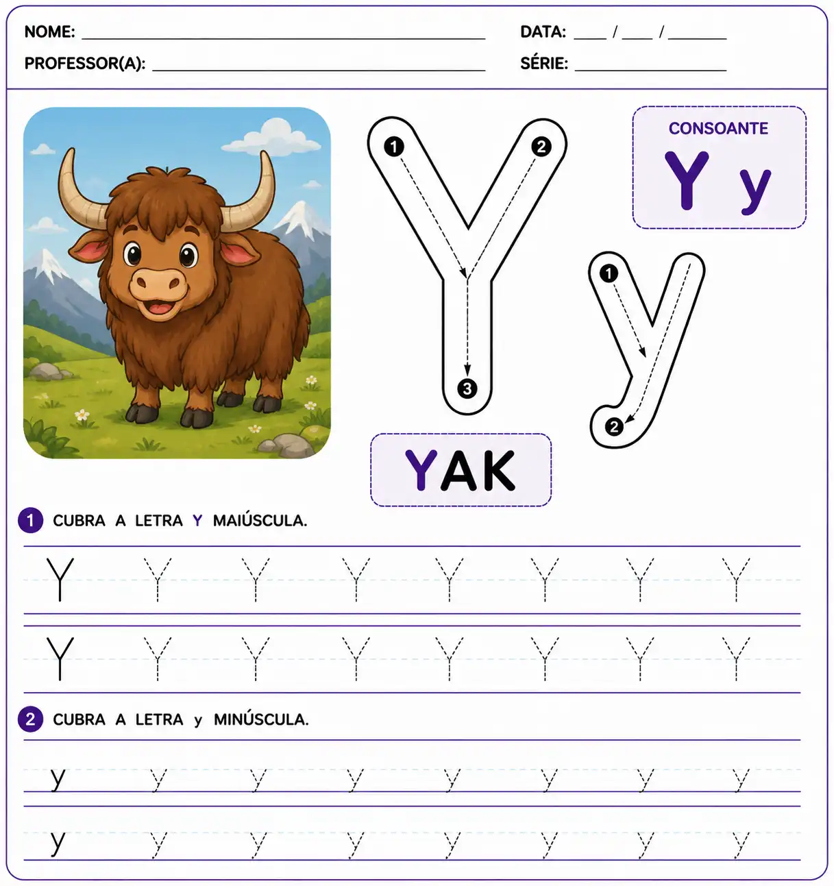 Atividade letra Y-y pontilhada para Educação Infantil