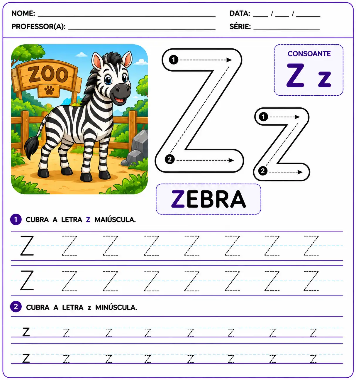 Atividade letra Z-z pontilhada para Educação Infantil